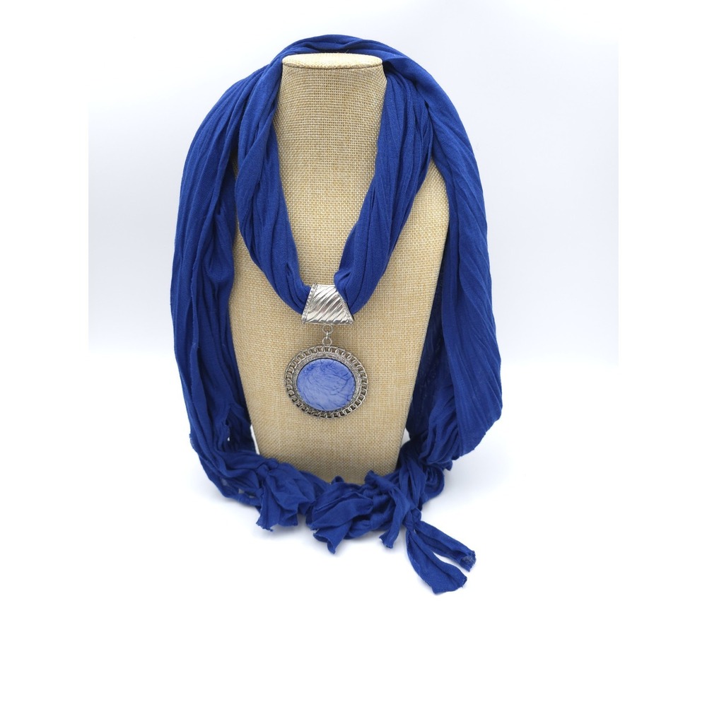 Jewelry Scarf Silver Tone & Blue Acrylic Pendant Fringe Scarf 64" Long